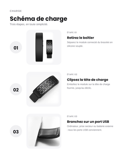 Schéma de recharge USB du bracelet réveil vibrant