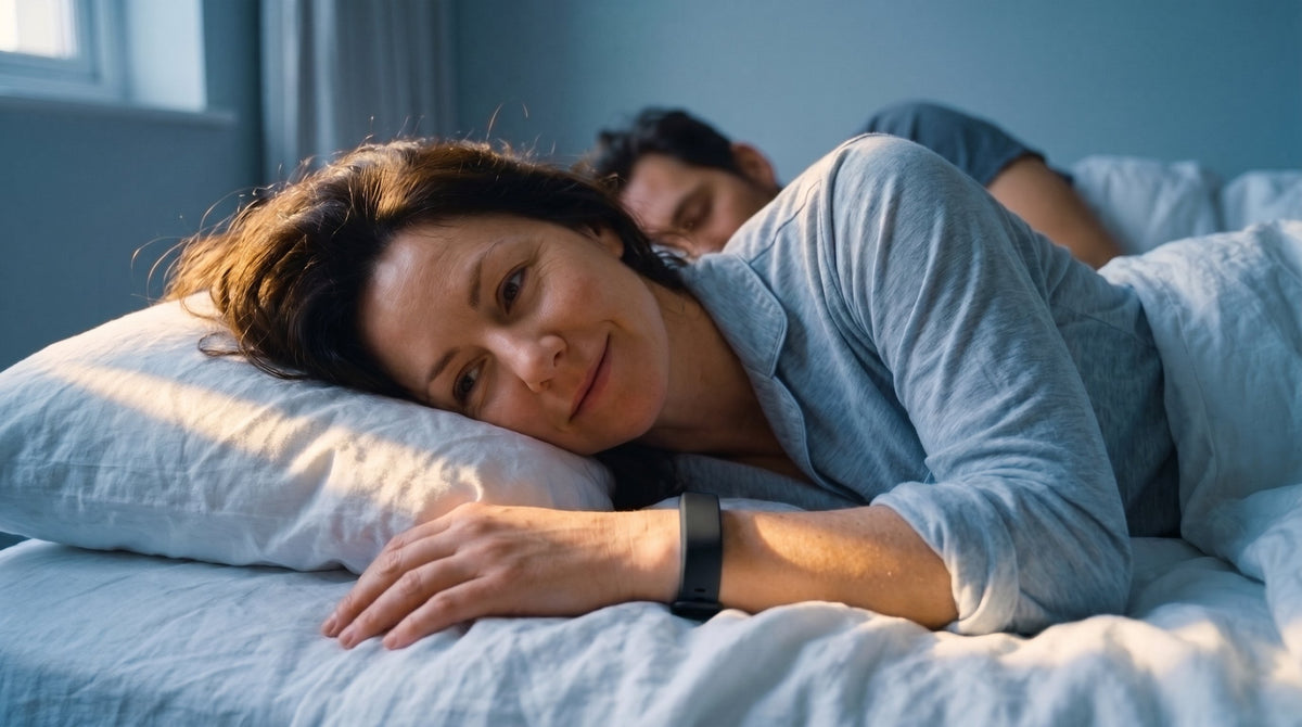 Femme réveillée en douceur par son bracelet Auby, son conjoint dort encore